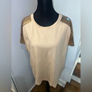 DKNY sequin raglan short sleeve tee in cream tan Size XL Cotton Modal